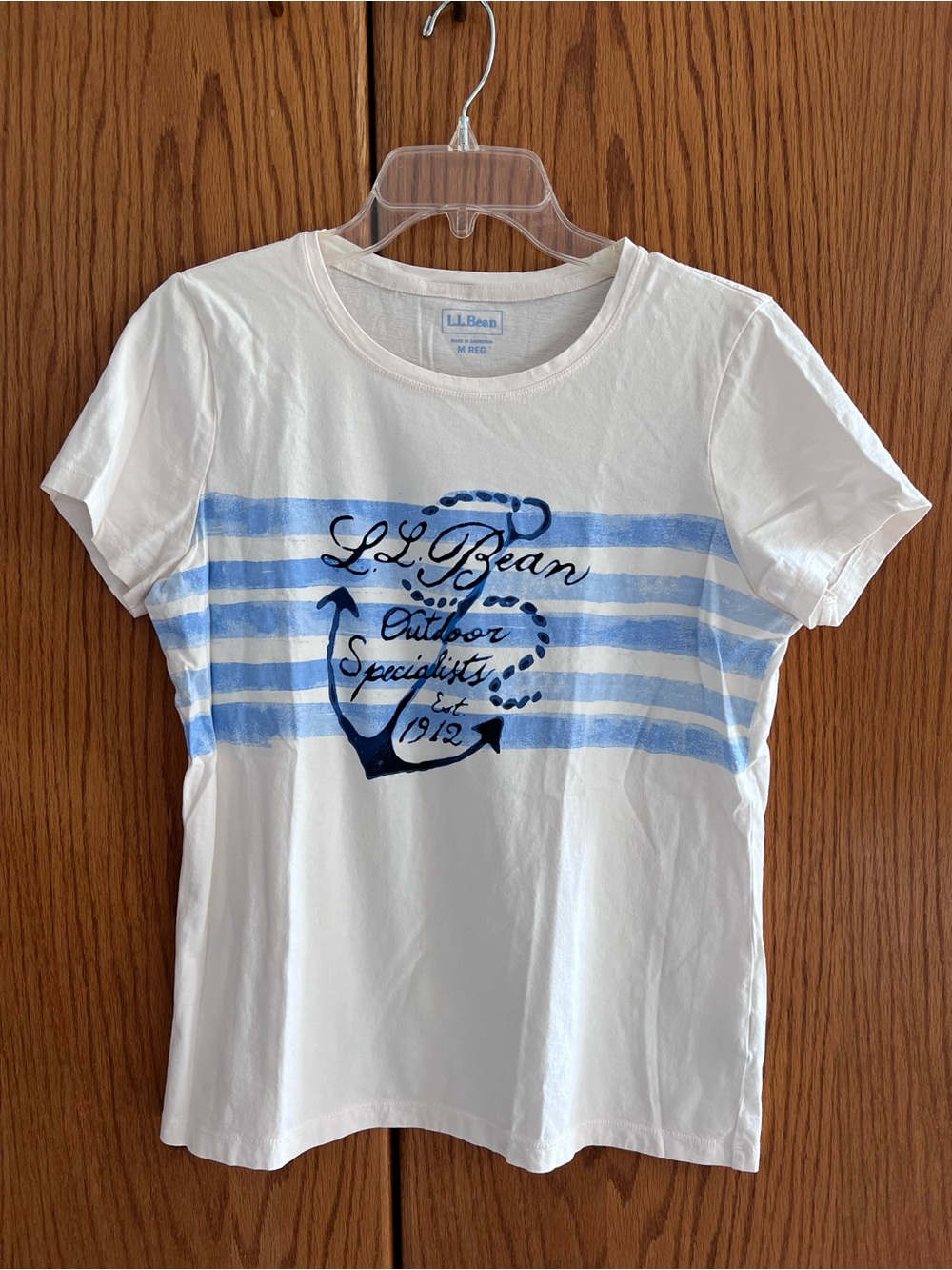 L.L. Bean Cream Tee with Light Blue Stripes & Navy Anchor Graphic